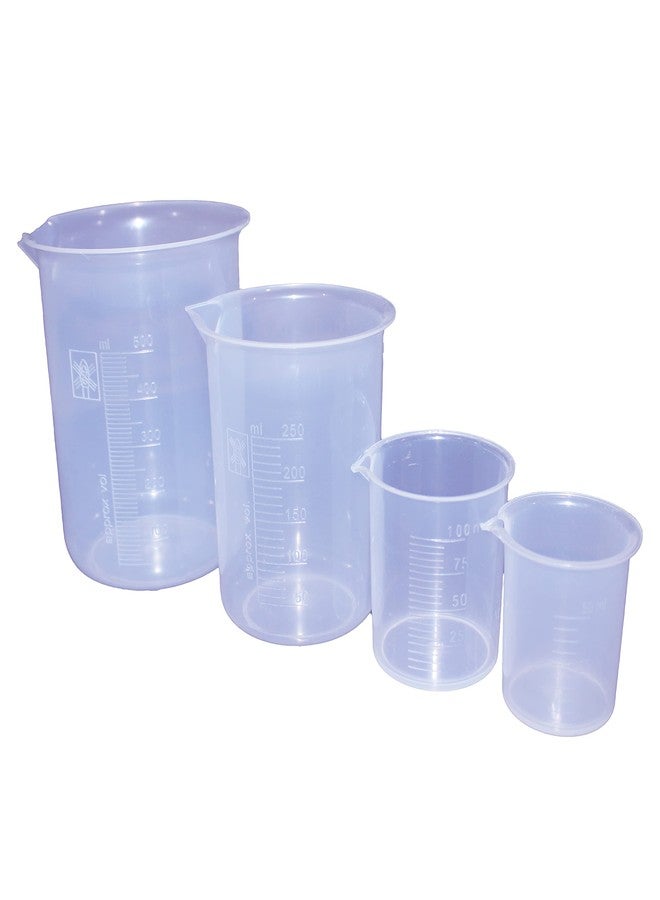 Fastro Set of 4 Transparent Plastic Measuring Beakers- Beaker Mugs Cups for Home, Kitchen, & Laboratory Use, Featuring 50ml, 100ml, 250ml, 500ml & 1000ml Sizes for Precise Liquid & Solid Measurements - Image 1